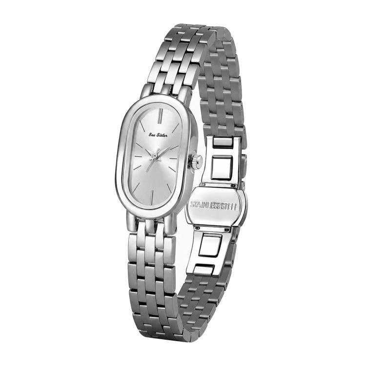 Oval quartz dress watch with silver metal bracelet and light gray dial