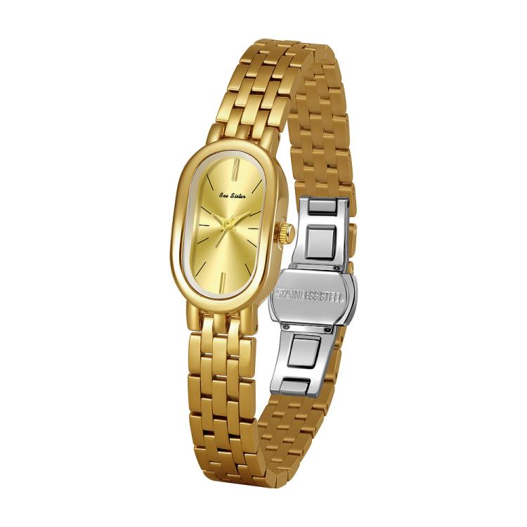 Oval quartz dress watch with gold metal bracelet and pale yellow dial