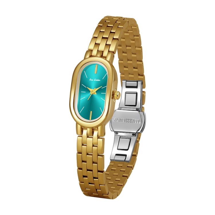 Oval quartz dress watch with gold metal bracelet and teal green dial