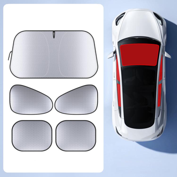 Car window sunshade set, six-piece grey hex-pattern panels with black borders