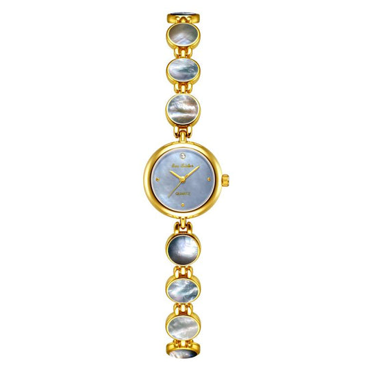 Women round bracelet watch with gold links and blue mother-of-pearl disc dial
