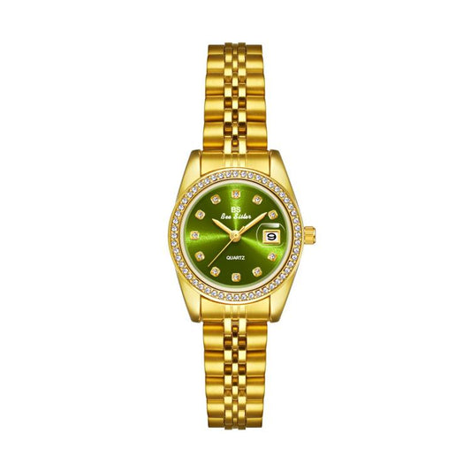 Gold-tone analog wristwatch with green dial, rhinestone bezel, and metal link bracelet