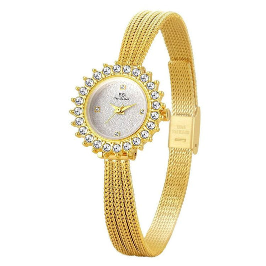 Women’s gold-tone mesh bracelet watch with round rhinestone bezel and analog dial
