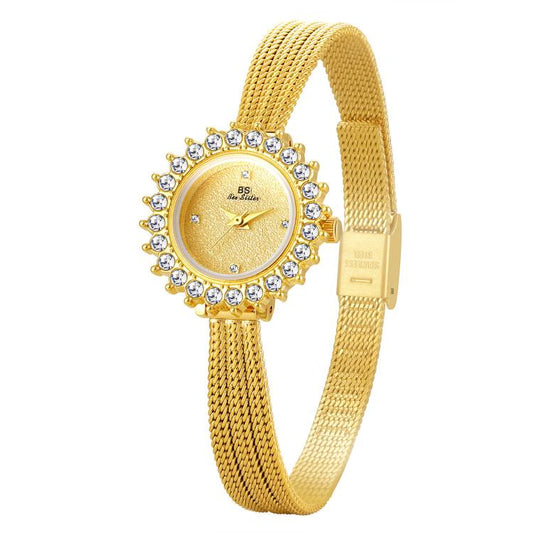 Women’s gold-tone mesh bracelet watch with round rhinestone bezel and gold-toned dial