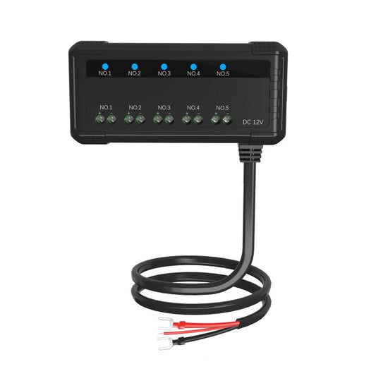 5-channel 12V fuse box relay kit with quick-connect wiring harness, black