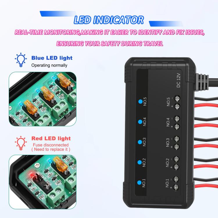5-channel 12V fuse box relay kit with blue wire connectors and side circuit outlets