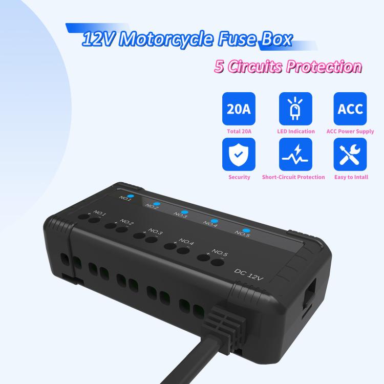 12V motorcycle fuse box relay kit with 5 circuit ports and black protective housing