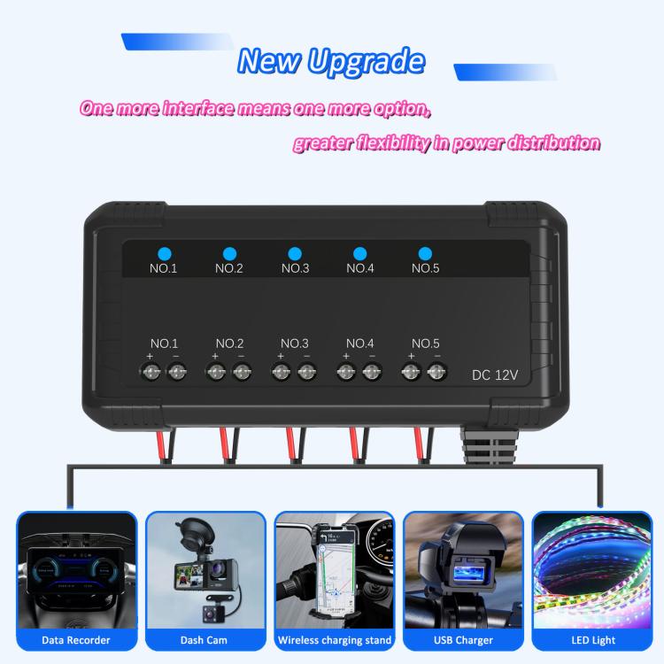 5-channel 12V fuse box relay kit with multiple labeled circuit switches on top