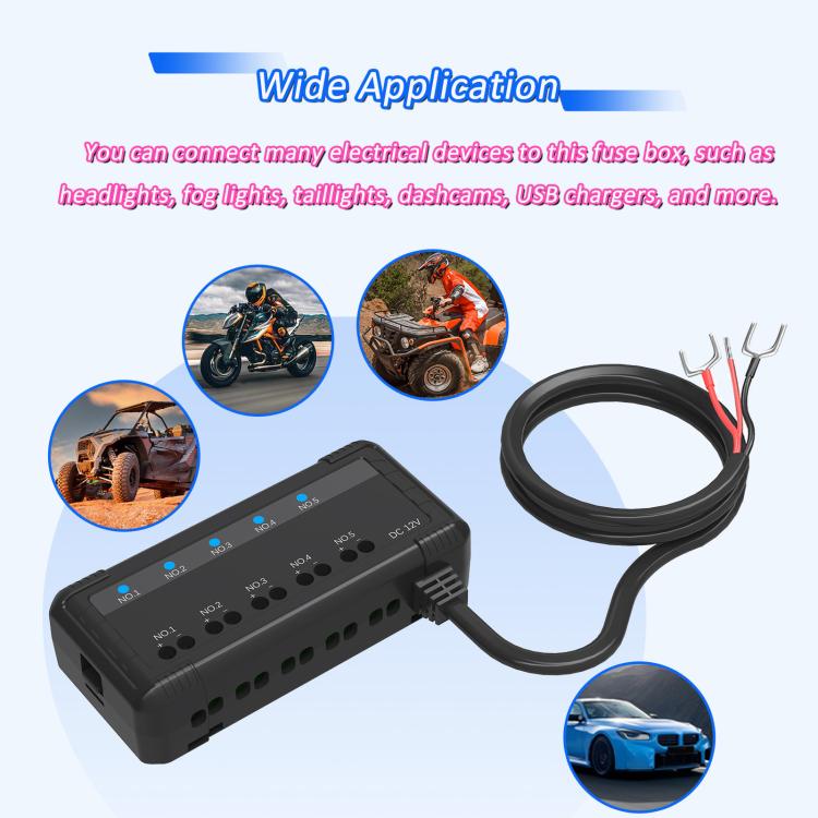 5-channel 12V motorcycle fuse box relay kit with attached wiring harness loop