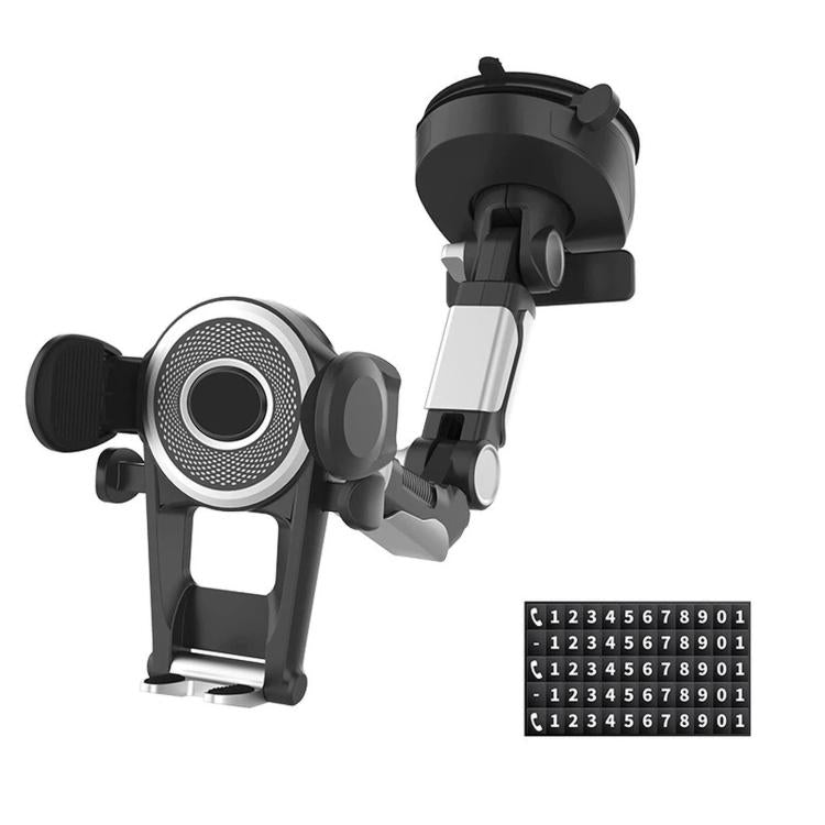 Black suction cup car phone holder with rotating cradle and parking sign numbers