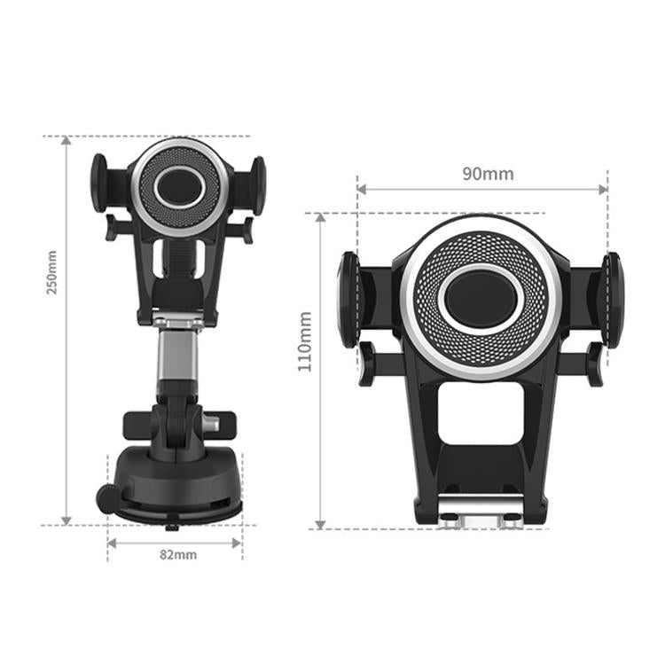 Car phone holder with suction base, adjustable arms, and rotating ring cradle
