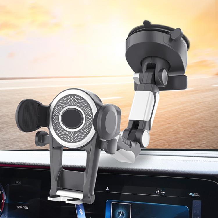 Rotating suction car phone holder mounted on dashboard with cradle and parking plate