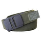 Army green elastic webbing belt with automatic sliding buckle and textured fabric weave