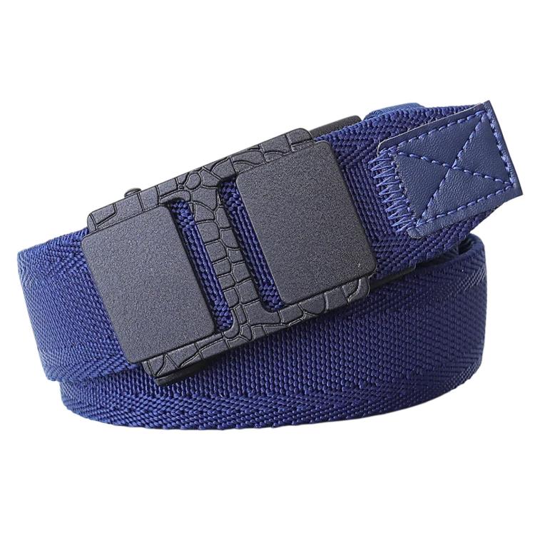 Navy blue woven nylon belt with automatic sliding buckle and reinforced stitched end