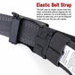 Close-up of dark gray elastic belt with automatic sliding buckle and stitched end