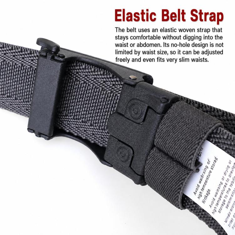 Close-up of dark gray elastic belt with automatic sliding buckle and stitched end