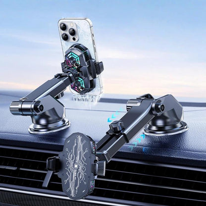 Car phone cooler mount with suction cup, telescopic arms, and RGB cooling holder