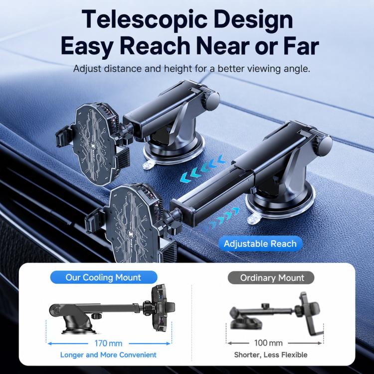 Car phone cooler mount with telescopic arm and adjustable reach for near or far viewing