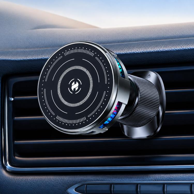 Magnetic phone cooler fan mounted on a car dashboard vent with blue indicator LEDs