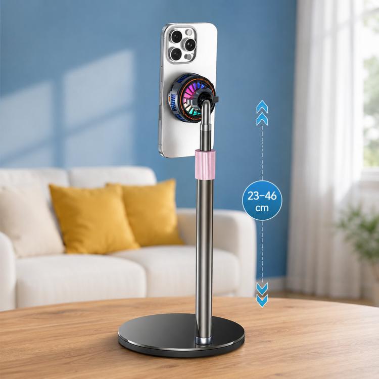 Magnetic phone cooler fan on a desktop stand holding a smartphone upright