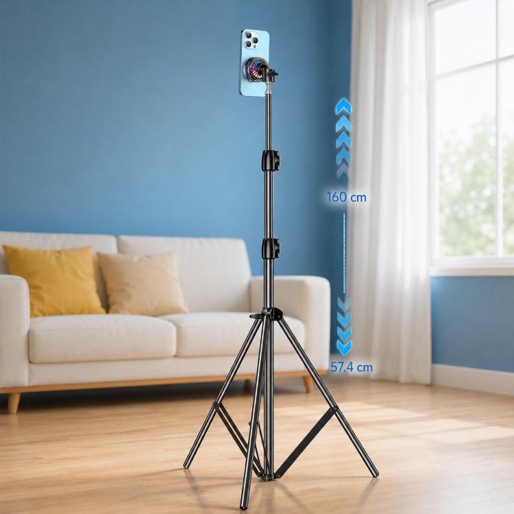 Magnetic phone cooler fan on a floor tripod stand with adjustable height