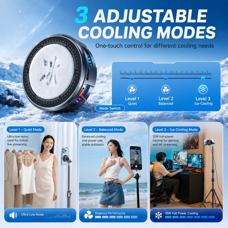 Magnetic phone cooler fan with three adjustable cooling settings for different needs