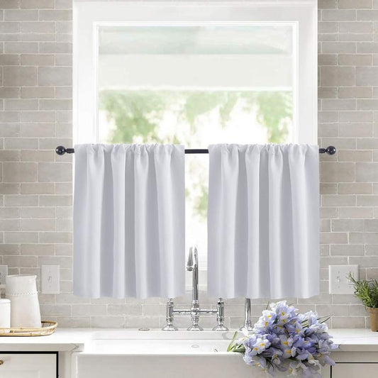 Single rod pocket cafe curtains pair with gathered top, white short window tier