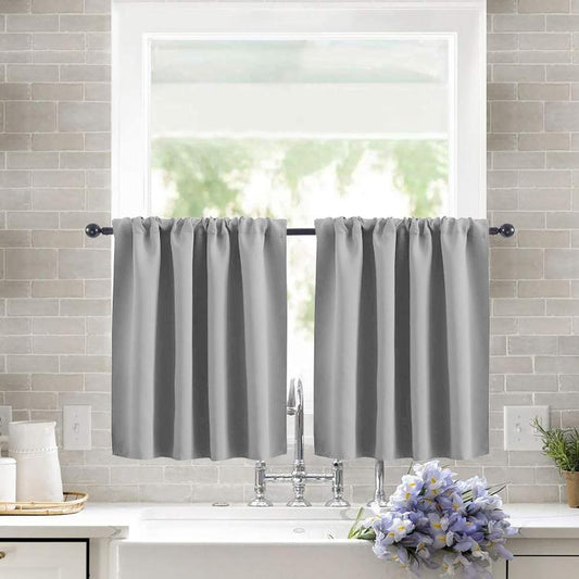 Single rod pocket cafe curtains pair with gathered top, light gray short window tier