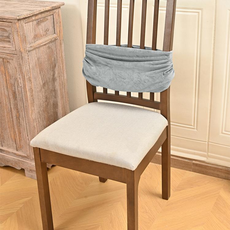 Gray velvet chair seat cushion cover with gathered back, fitted on dining chair