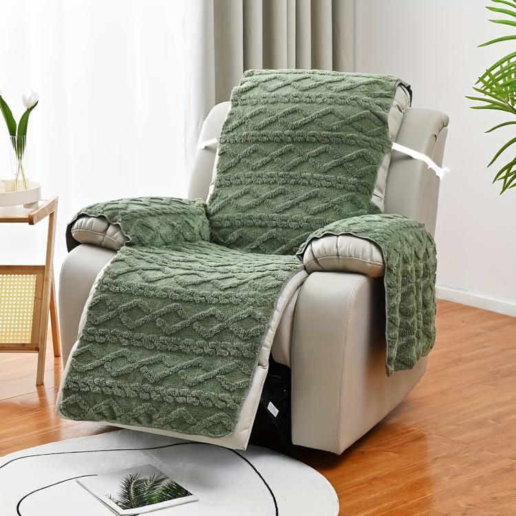 Army green fleece recliner chair cover with embossed texture, T-shape fit and draped arms