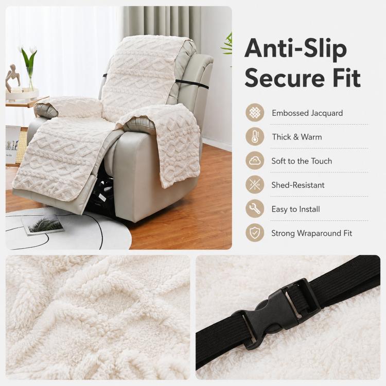 Light beige fleece recliner chair cover with wraparound fit and black adjustable buckle strap