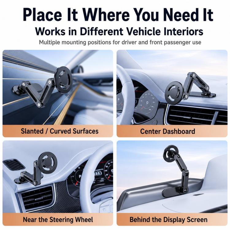 Car phone mount with ring magnetic head and long base, adjustable double-jointed arm, black