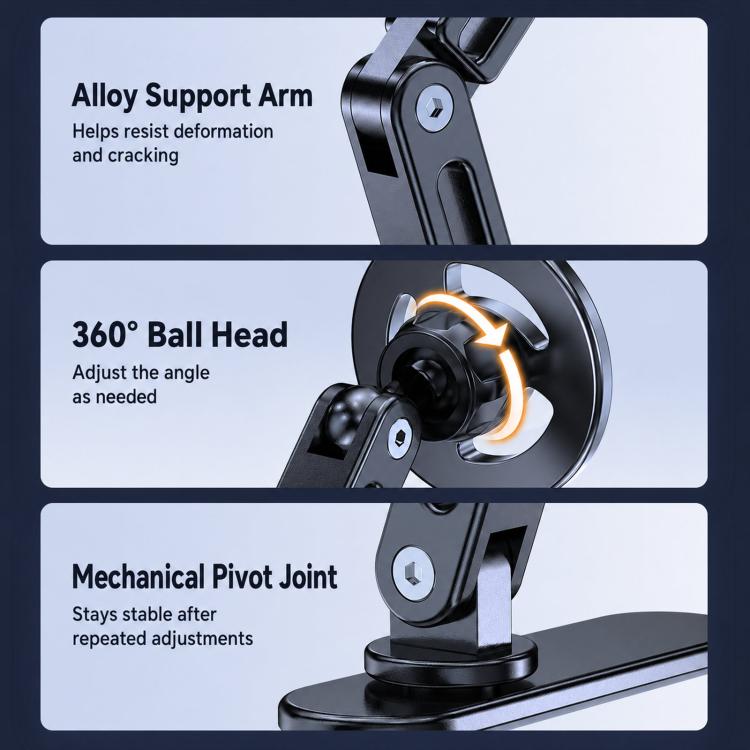 Car phone mount close-up: alloy support arm and 360° ball head, black metal base