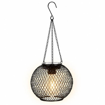 Hanging black metal mesh ball lantern with chain and warm light glow
