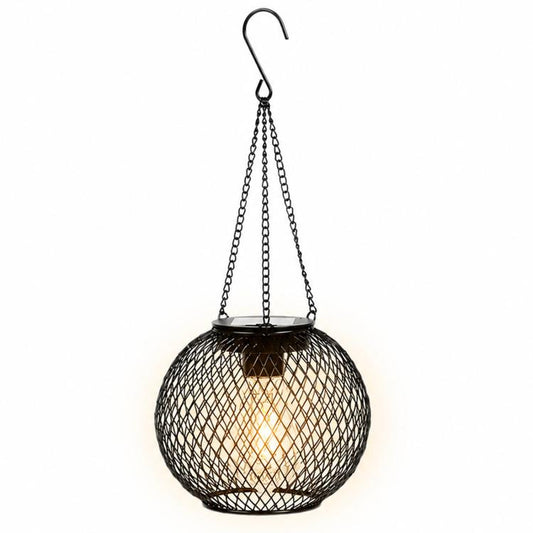 Hanging black metal mesh ball lantern with chain and warm light glow