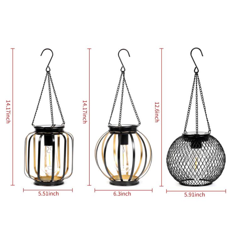 Solar lantern size diagram showing 3 hanging black designs and dimensions