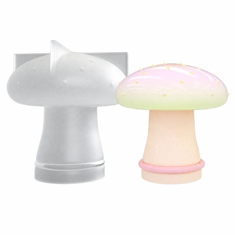 3D silicone mushroom mold set: light gray cap with speckled pastel cap on stems