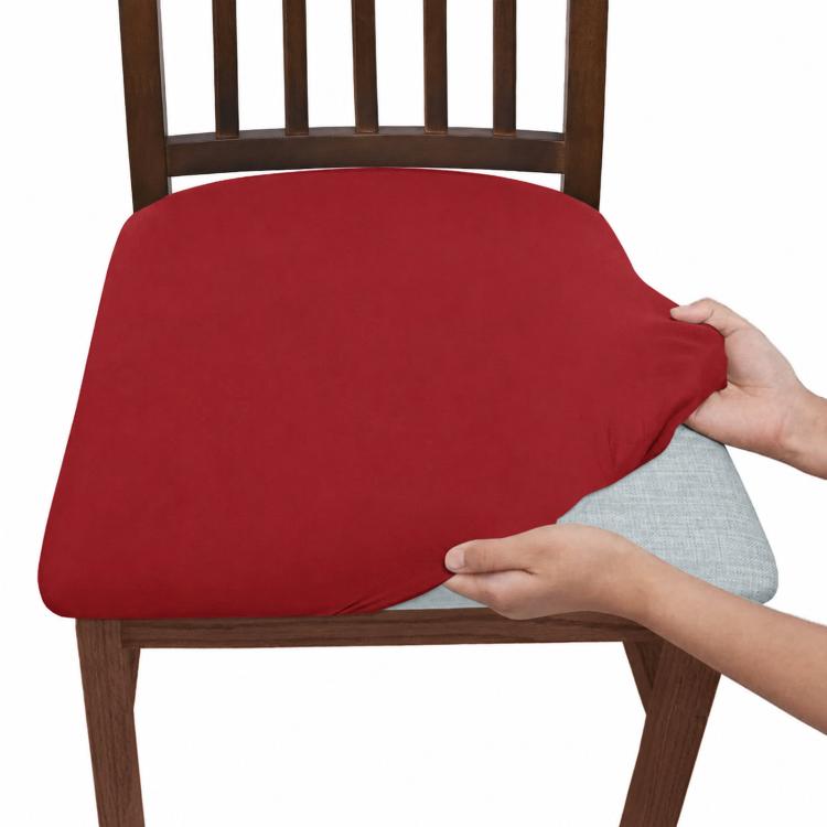 Red stretch dining chair seat cushion slipcover, snug fitted cover on chair seat
