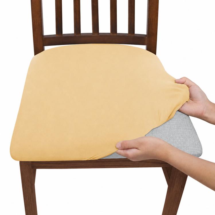 Beige stretch dining chair seat cushion slipcover, snug fitted cover on chair seat