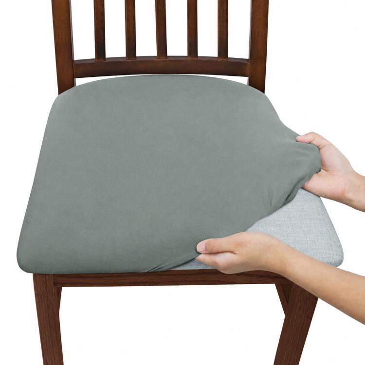 Gray stretch dining chair seat cushion slipcover, snug fitted cover on chair seat