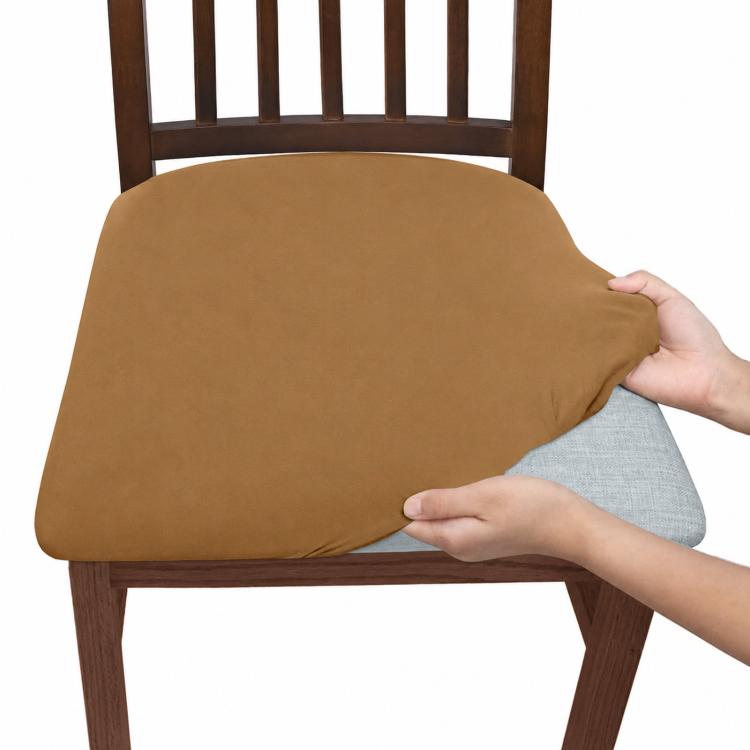Stretch dining chair seat cover, tan camel fitted cushion on dining chair