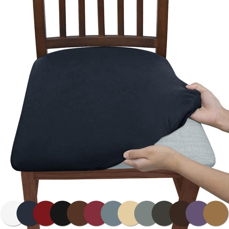 Stretch dining chair seat cover, navy blue fitted cushion with elastic edge