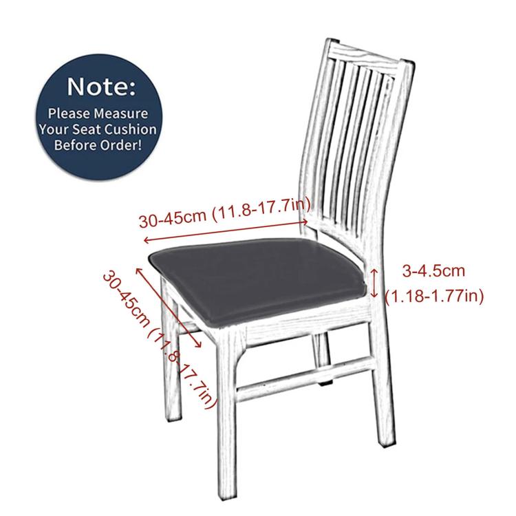 Stretch dining chair seat cover, dark fitted cushion on chair with size guide