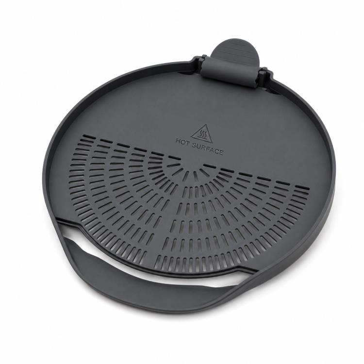 Thermomix strainer lid with clip-on handle, circular perforations, and rim