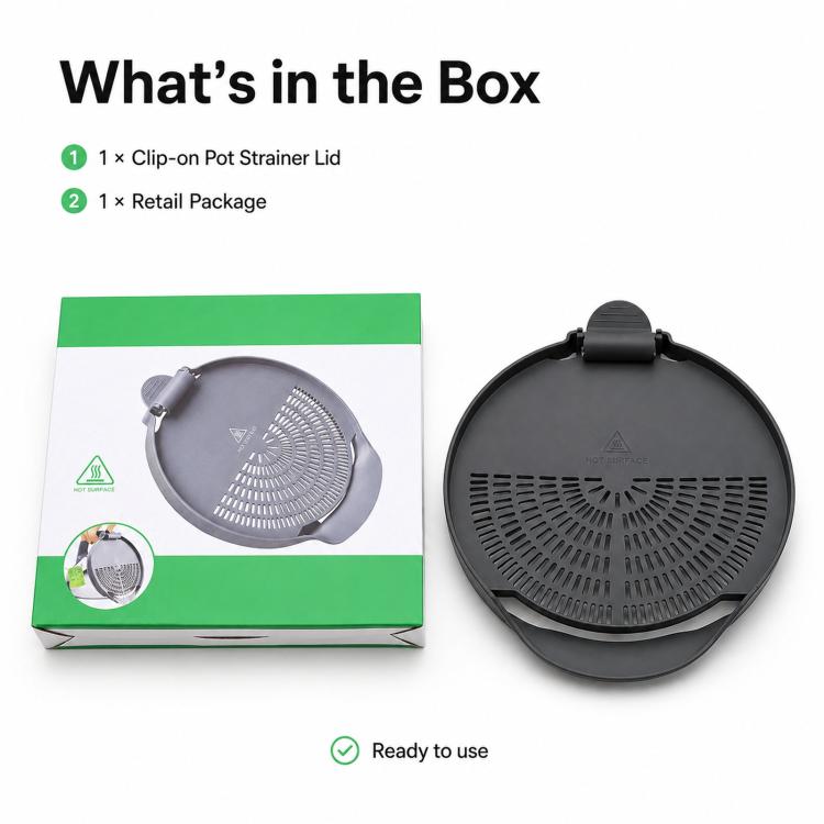 Thermomix strainer lid with clip-on handle, shown in retail box and on display