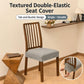 Gray textured dining chair seat cover with elastic fit and buckle tab design