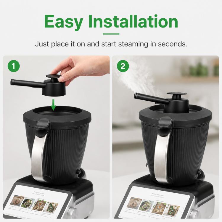 Black steam diverter accessory placed on appliance for steam redirection