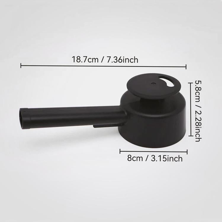 Black steam diverter with round top and long outlet pipe; dimensions shown