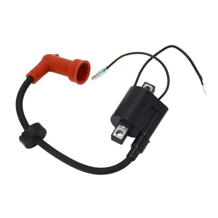 Ignition coil assembly with red insulator, black coil, and cable wiring leads