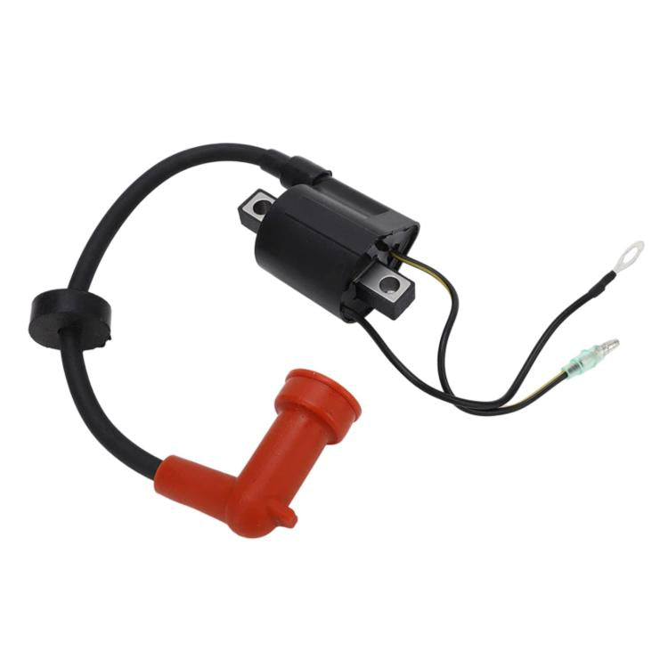 Ignition coil with black cylinder and red spark plug lead, plus two wire terminals